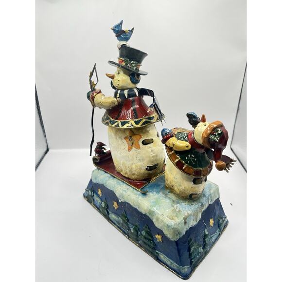 Vtg Primitive Tin Sankyo Christmas Wind Up Music Box Sledding Animated Snowman - Picture 4 of 6